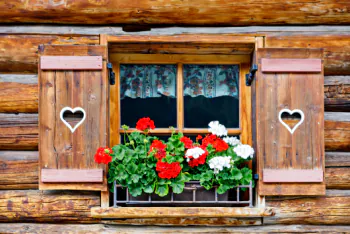 Holzhütte Holzhütte mit offenen Fensterläden